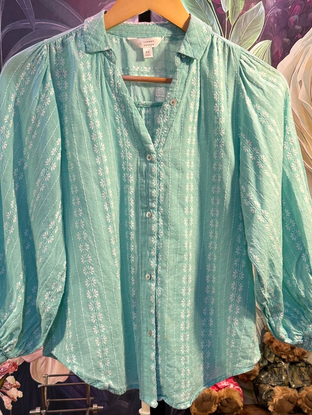 LC Lauren Conrad XS Button-Up Shirt Cotton Embroidered Puff Sleeve Mint